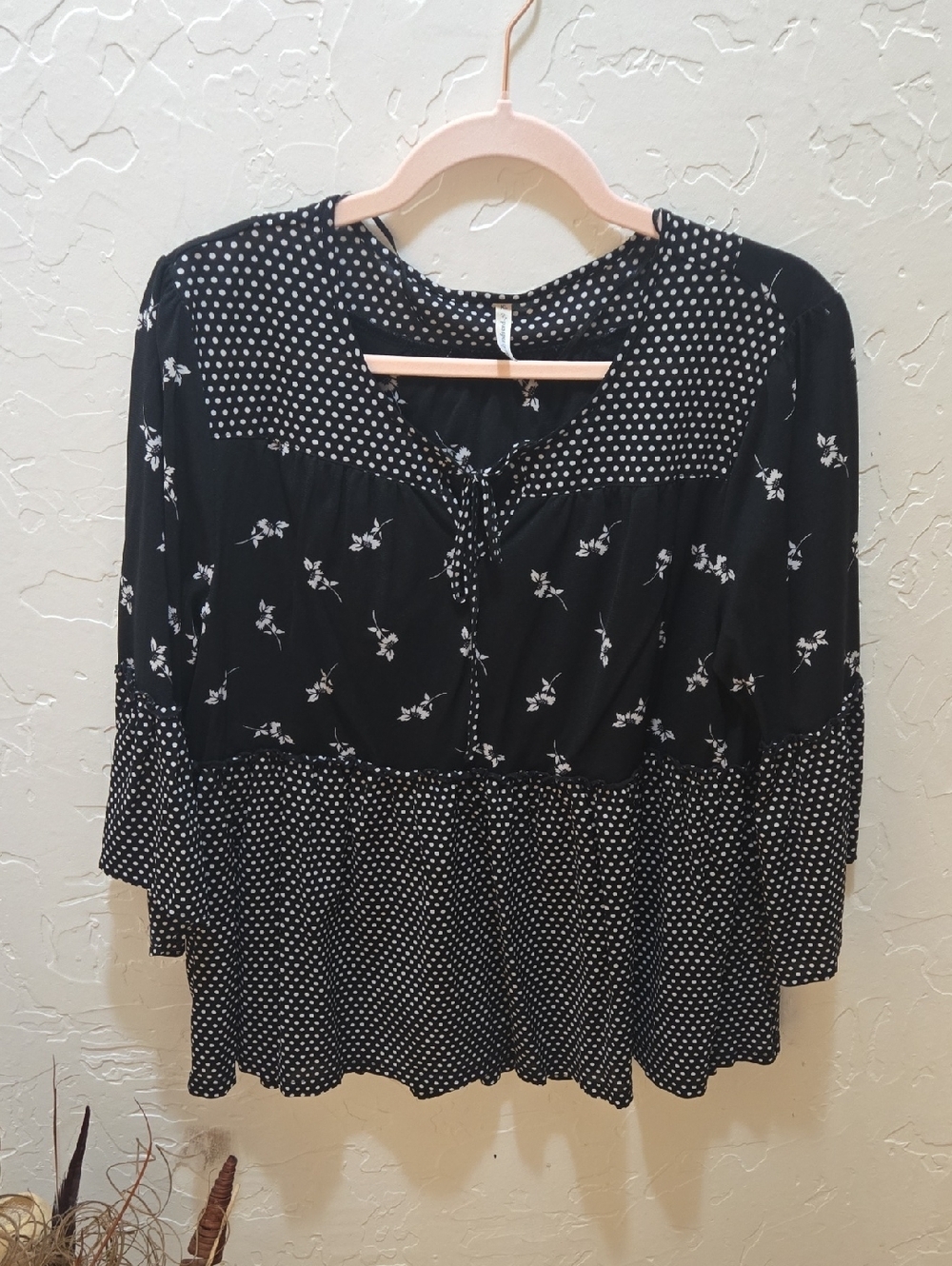 Passport Black Mixed-Print Long Sleeve Peasant Top With Bell Sleeves